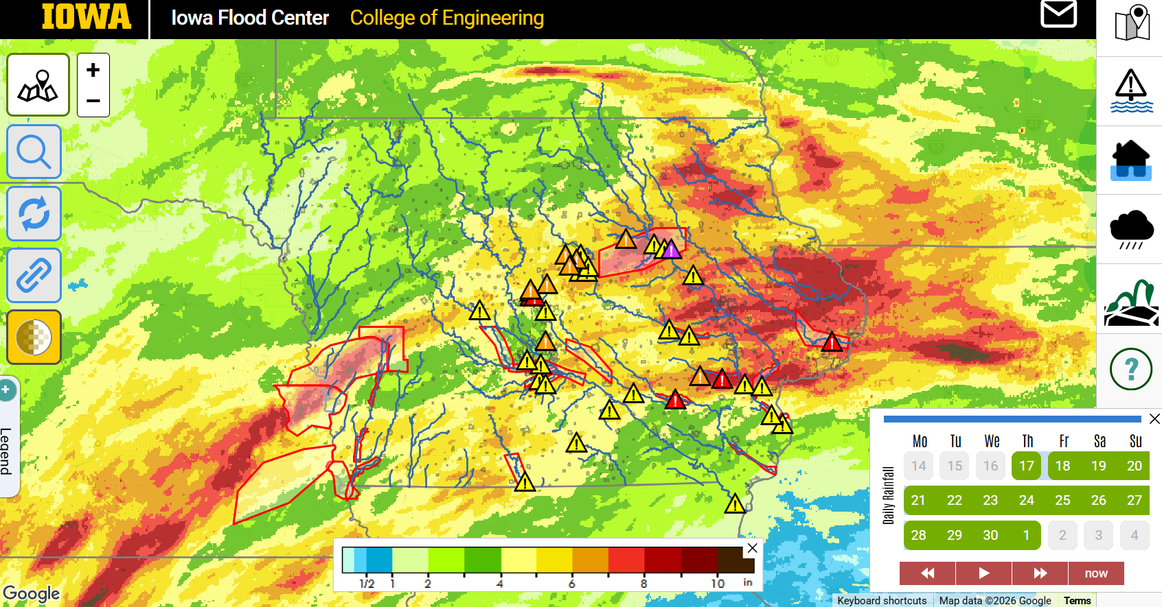 IFIS homepage shows stream level alerts and flood risk over two-week cumulative rainfall totals