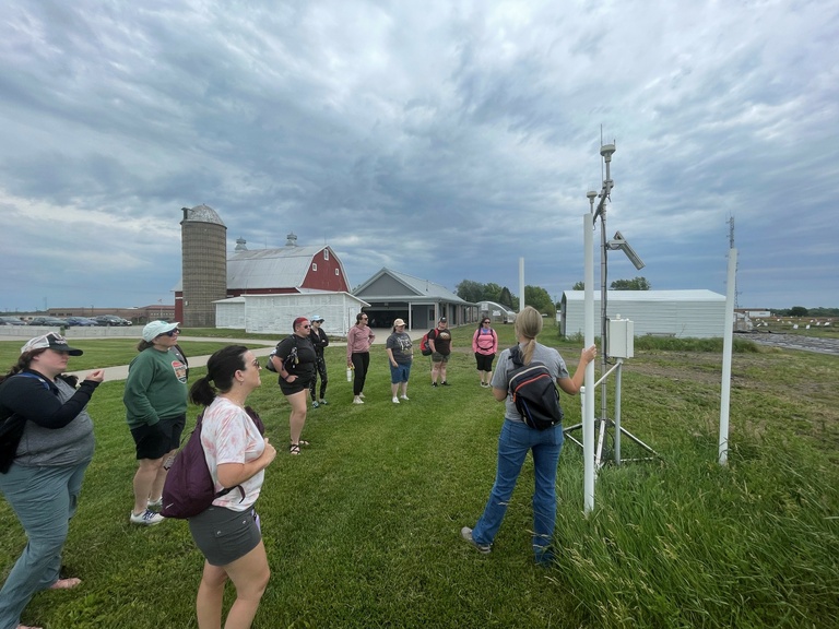 Teachers view hydrologic weather station at Johnson County Historic Poor Farm. 