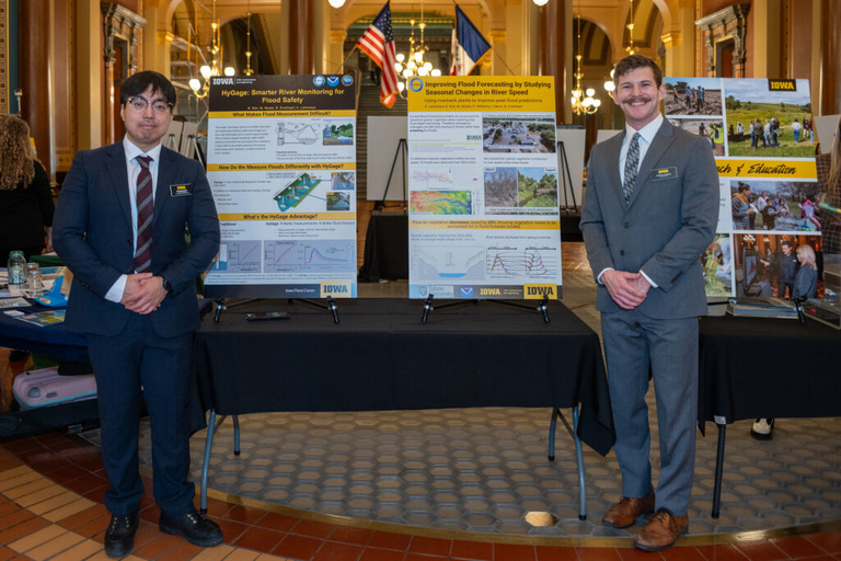 IIHR students smile with their posters at the Legislative Breakfast event at the Iowa State Capital Rotunda