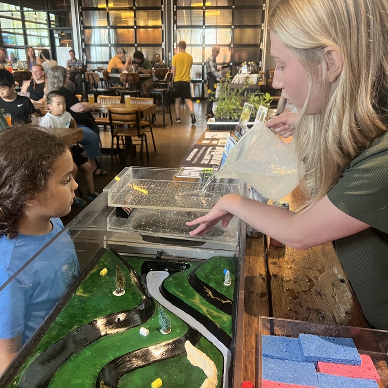 Child observes watershed model at the annual BioBlitz in 2024.