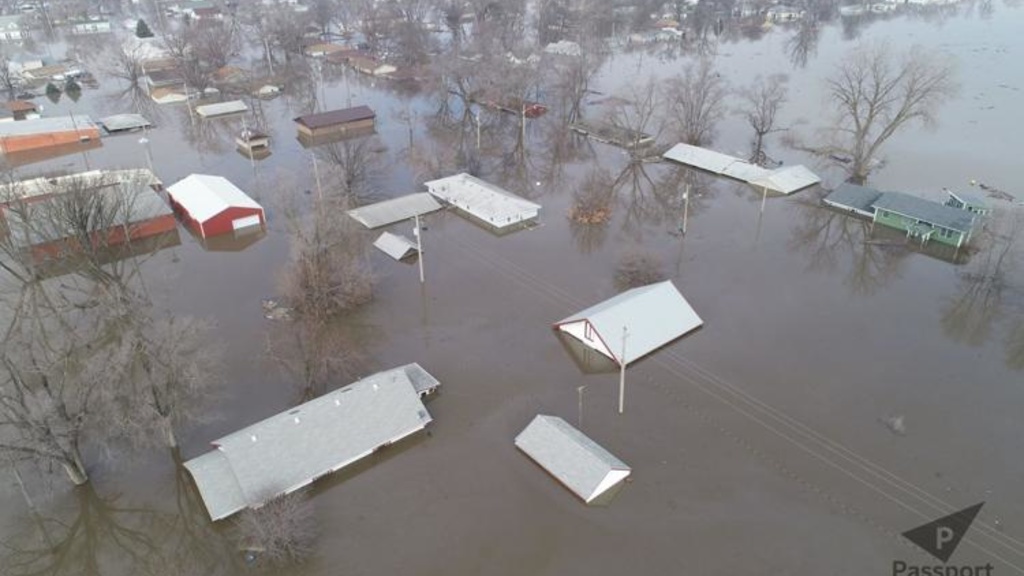Aerial photo of a town submerged in flood waters