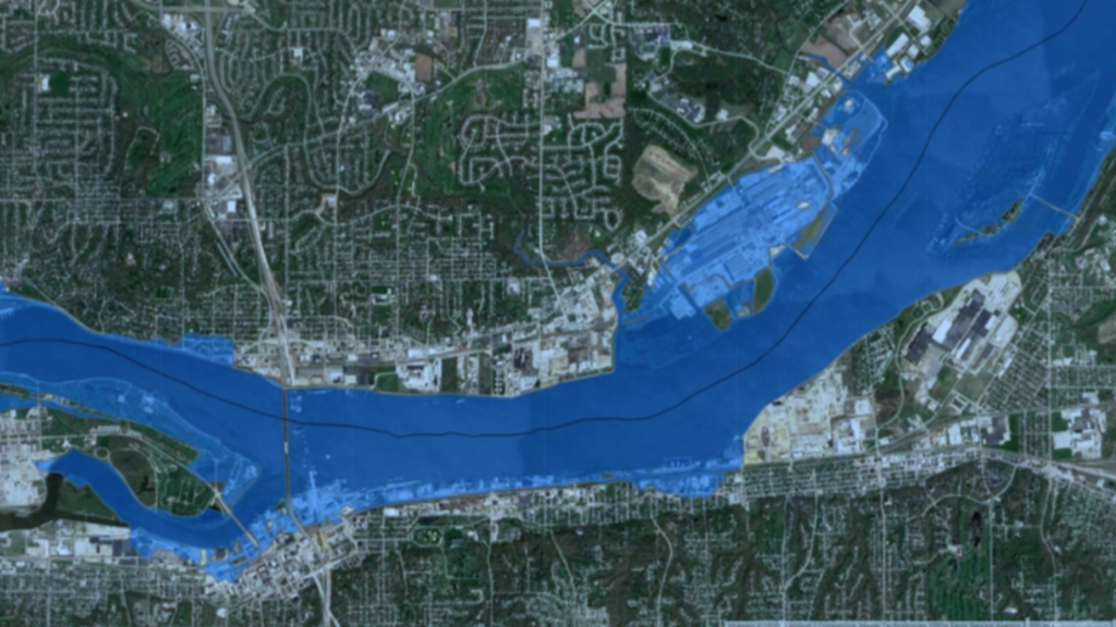  Flood inundation maps for Lock and Dam No. 15 upstream of Davenport at a scenario-based flood stage of 26 feet.