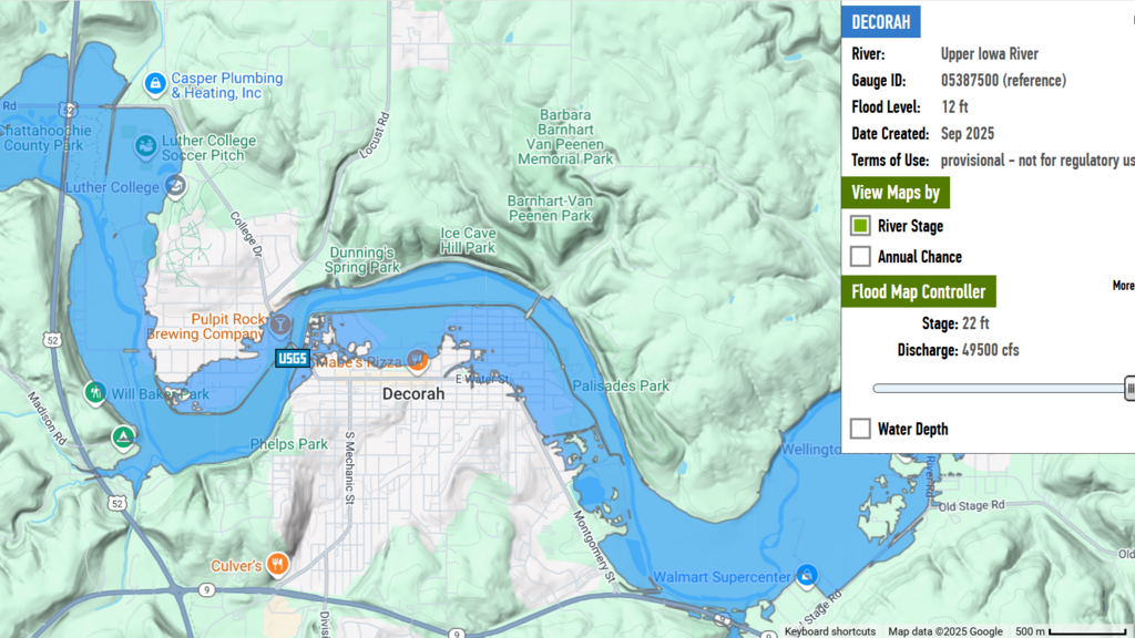 IFIS flood inundation map set to the newest high stage of 22 feet